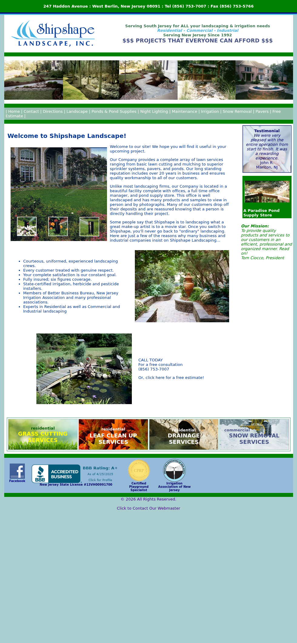 Current mobile website for Shipshape Landscape Inc showing broken layout